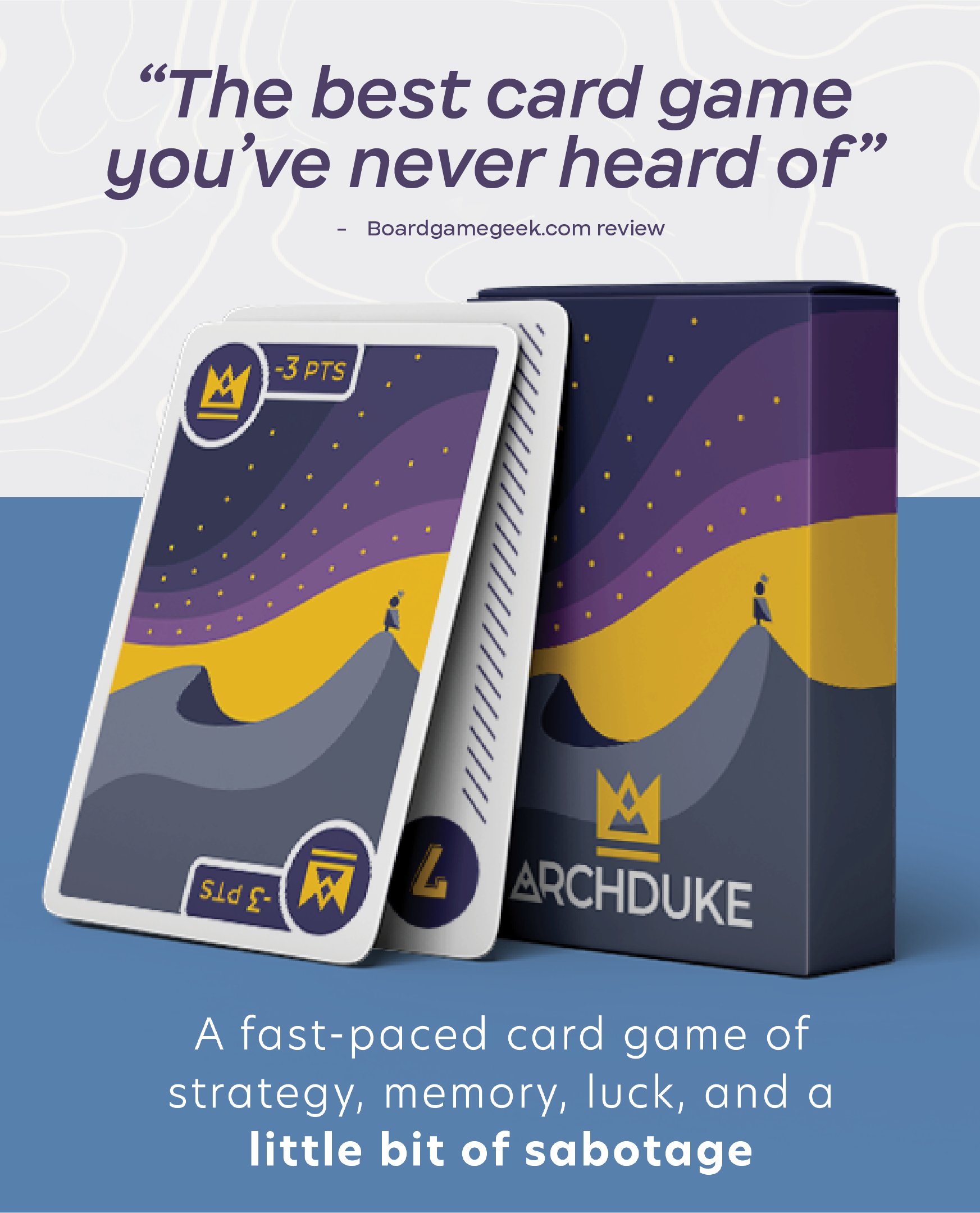 Archduke marketing poster: 'The best card game you've never heard of' — Boardgamegeek.com review, with illustrated cards and box