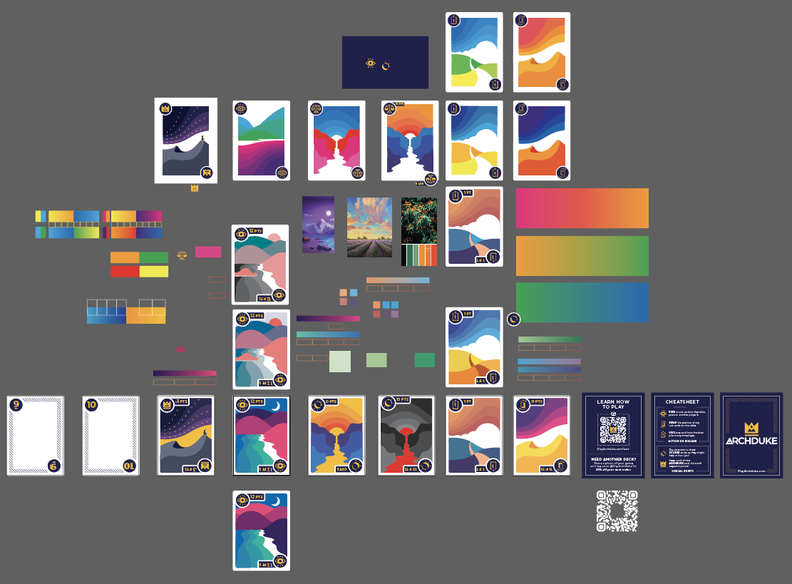 The full Archduke design workspace: card variations, palette tests, and layout iterations on a single canvas