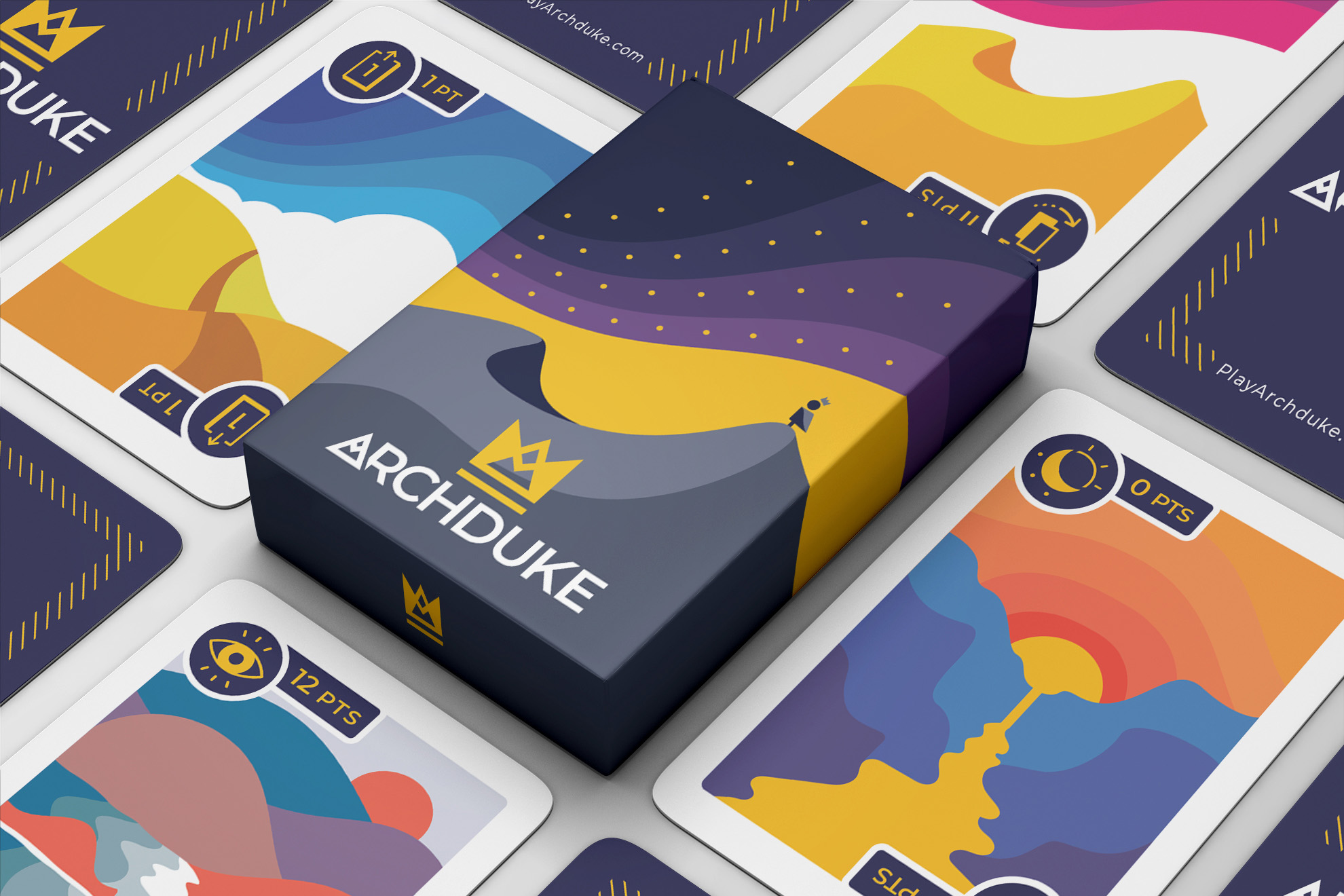 Archduke box surrounded by a fanned grid of illustrated card faces