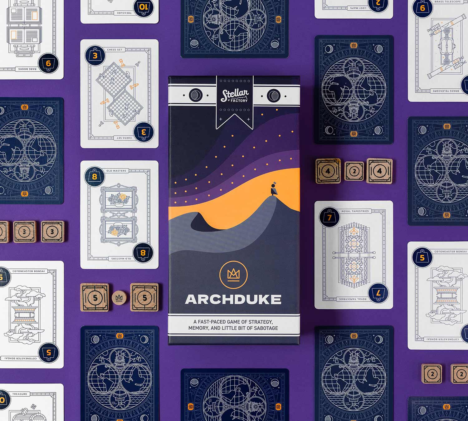 Stellar Factory edition: Archduke box centered on a purple field of revised card backs and wooden scoring tokens