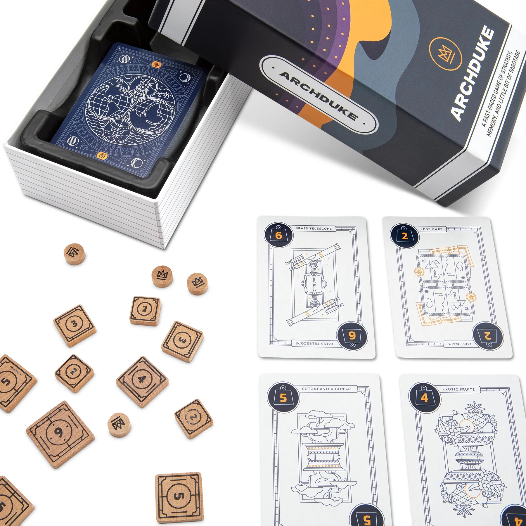 Second edition Archduke box open with revised card art and wooden tokens