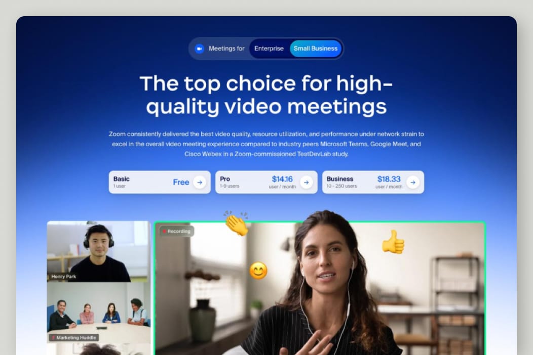Small Business variant of the Zoom Meetings product page