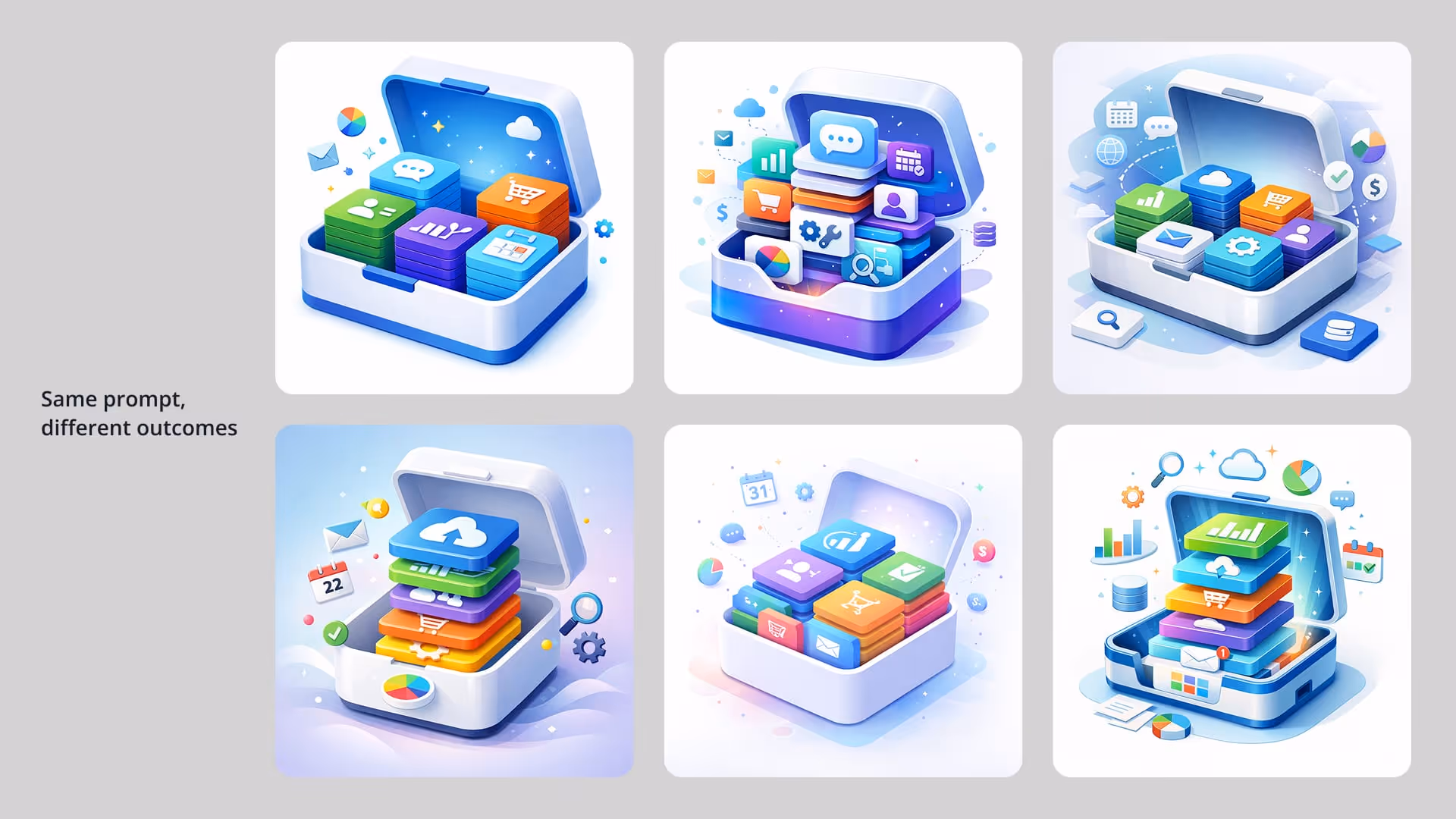 A grid of AI-generated images produced from the same prompt — every output styled, colored, and composed differently, demonstrating that one-shot generation cannot maintain consistent brand identity