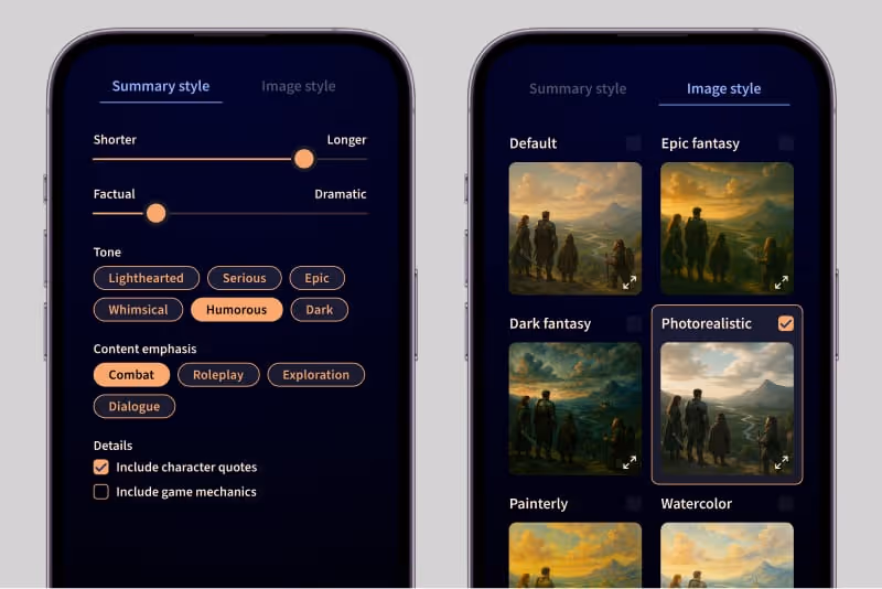 Configuration sliders for summary length, tone, and image style