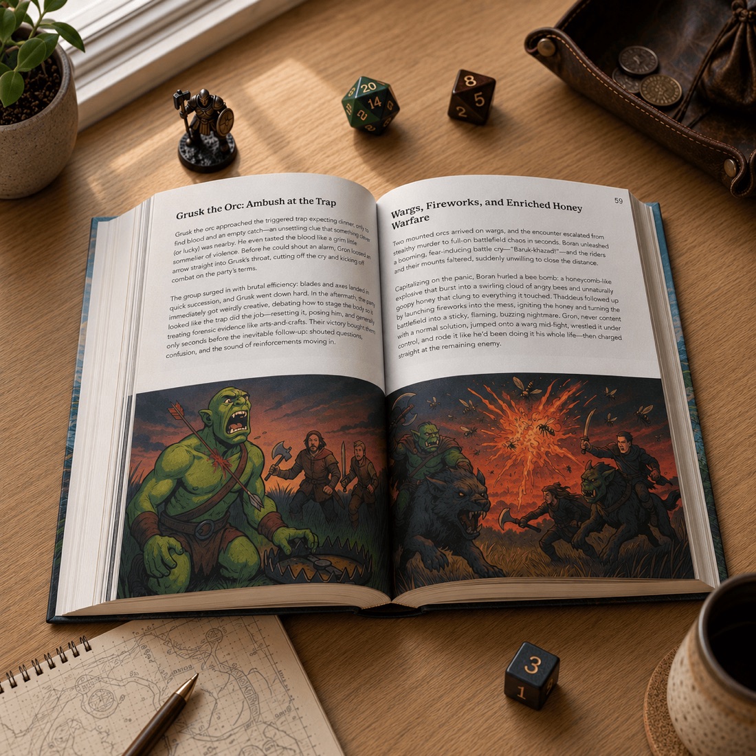 Printed Scribe campaign book mockup — interior spread