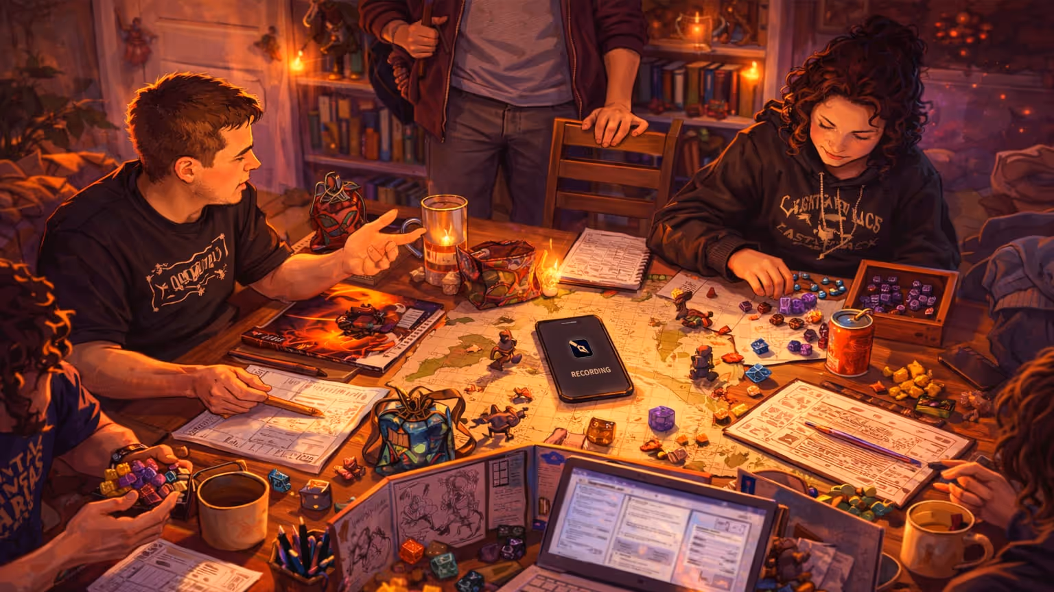 Overhead table shot — maps, minis, devices