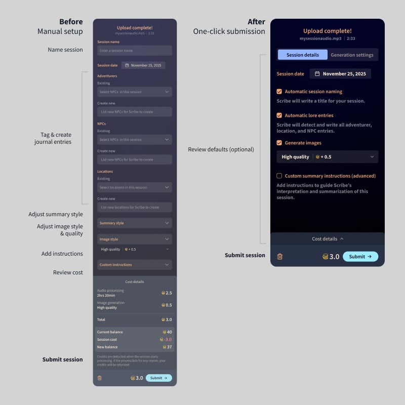 Upload flow before and after — original manual setup on the left, simplified one-click submission on the right
