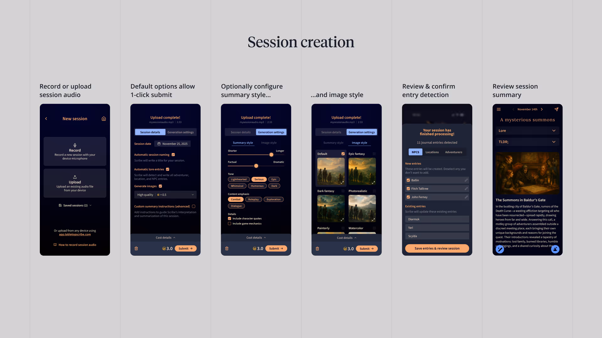 Five-step session creation flow — record or upload audio, set defaults, optionally configure summary and image styles, review entity detection, review summary