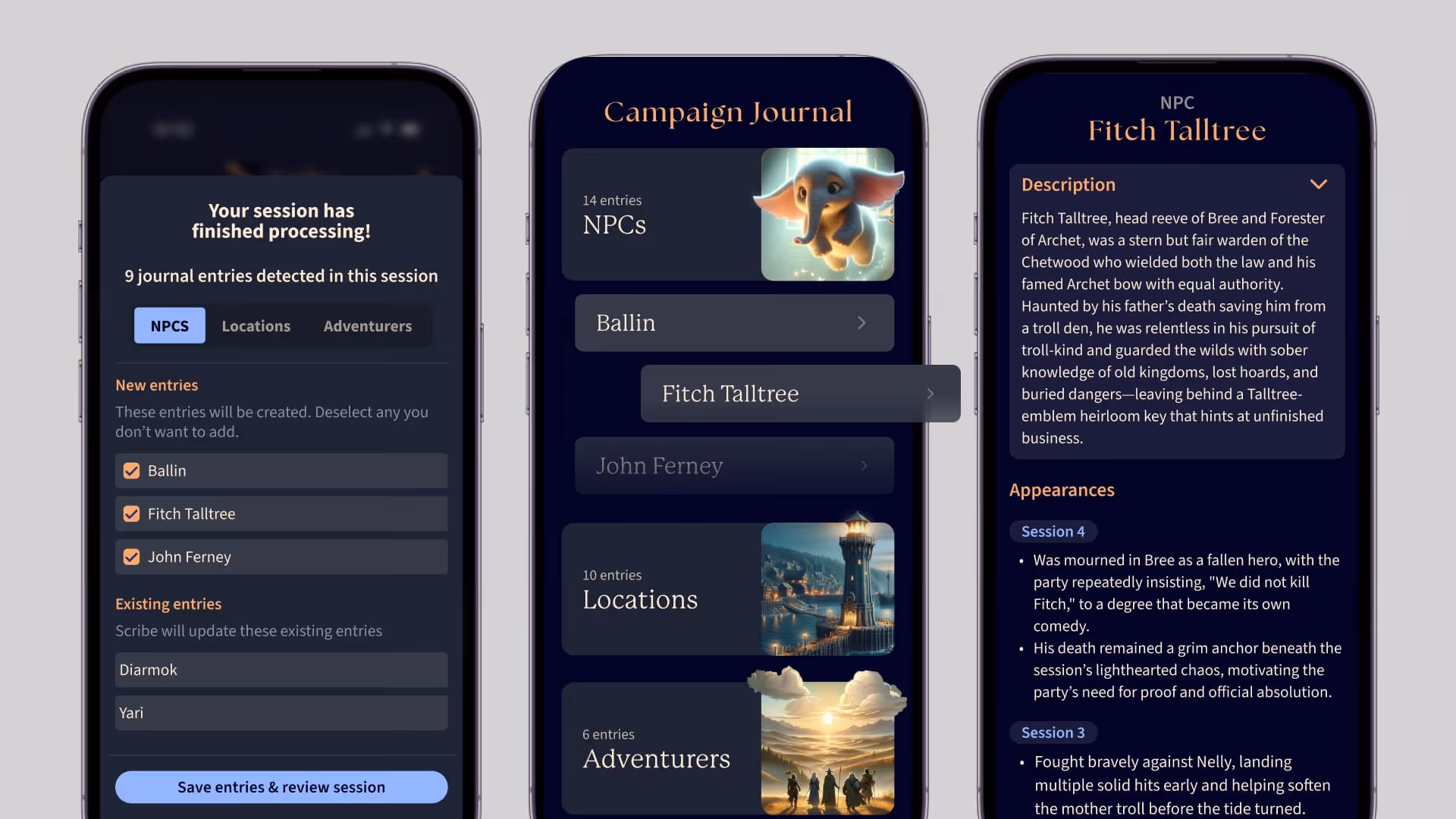 Campaign wiki — NPC entries, locations, adventurers, and a populated NPC detail card