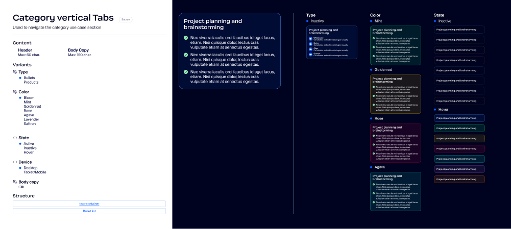 Configuration props panel — toggleable properties and the states they produce