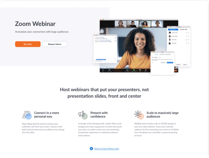 A long-form Zoom marketing page combining product feature blocks, testimonials, and recognition badges