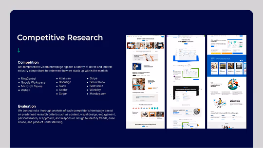 Competitive analysis board comparing platform navigation patterns across peer companies