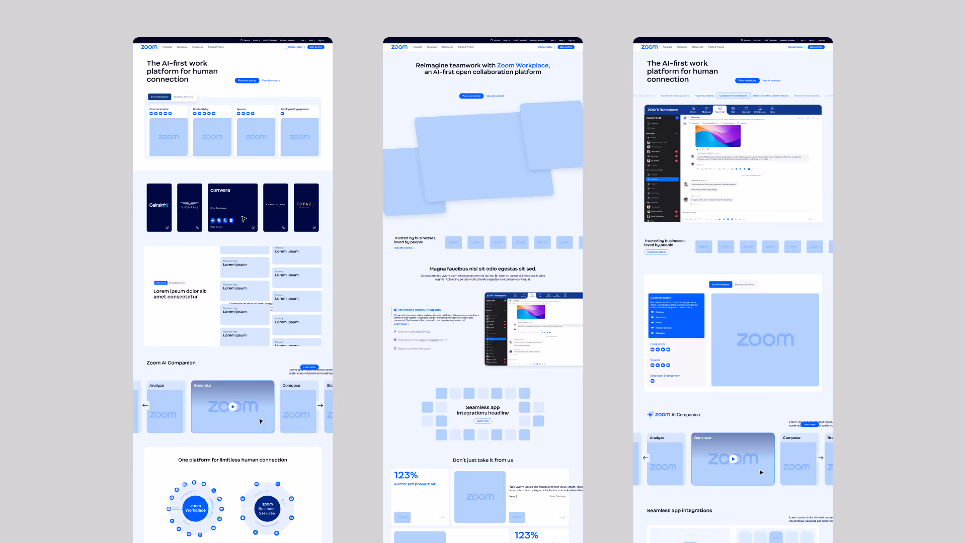 Wireframes spanning the homepage, global navigation, All Products, AI Companion, and core marketing pages