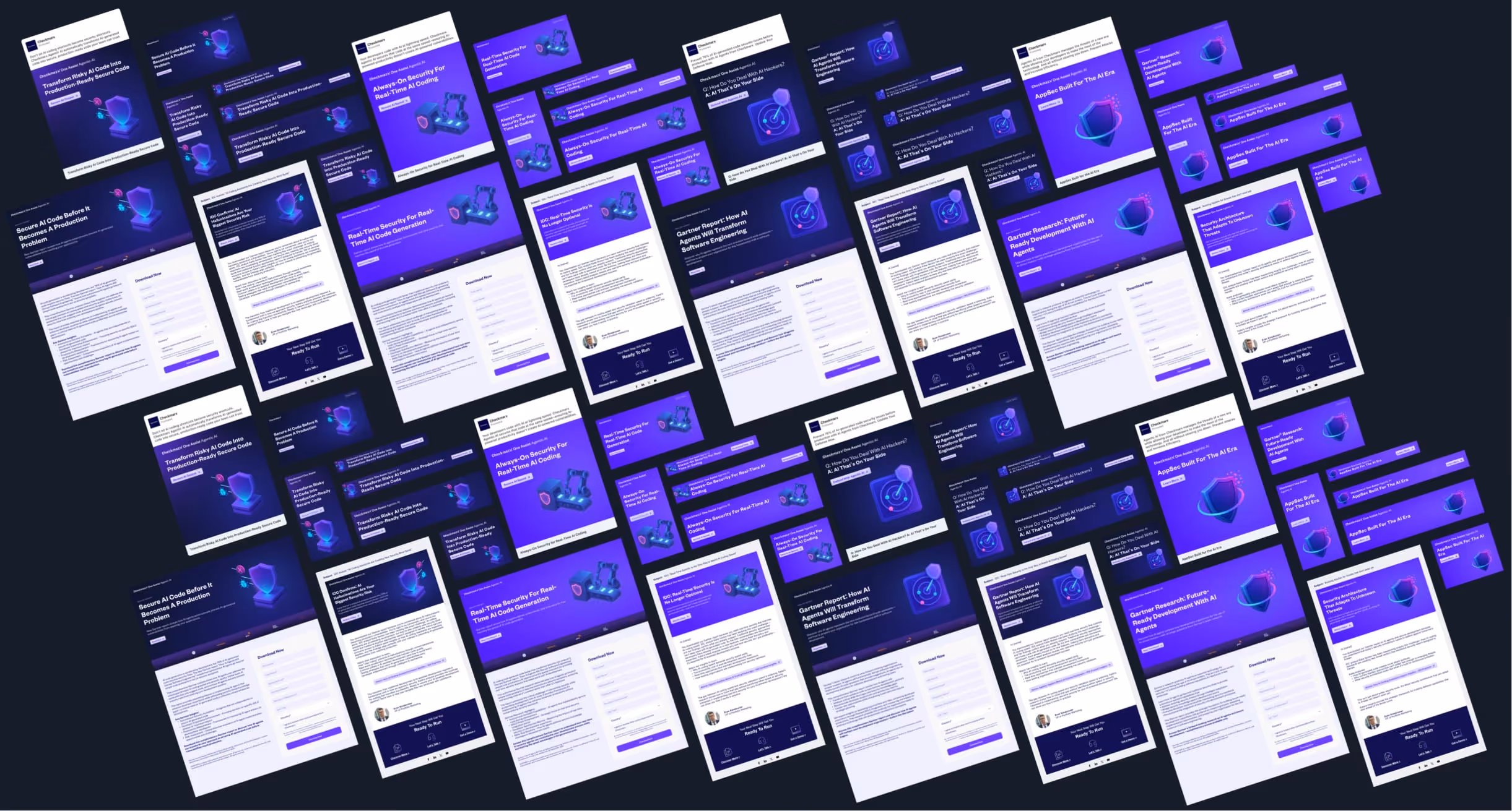 A dense collage of finished Checkmarx campaign assets: LinkedIn ads, display banners, motion frames, and landing-page sections, every one brand-accurate down to the kerning